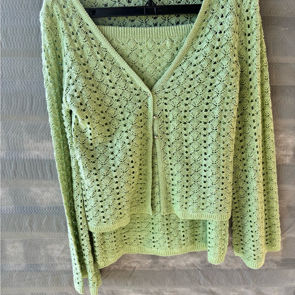 Fashion Nova Mint Green Openwork V-Neck Cardigan two piece